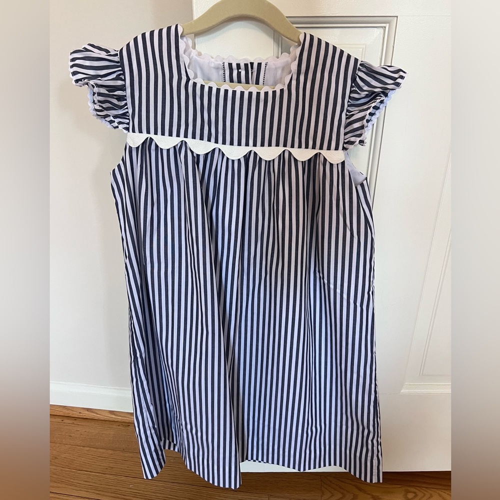 The Beaufort Bonnet Company Navy and White Striped Girls Dress